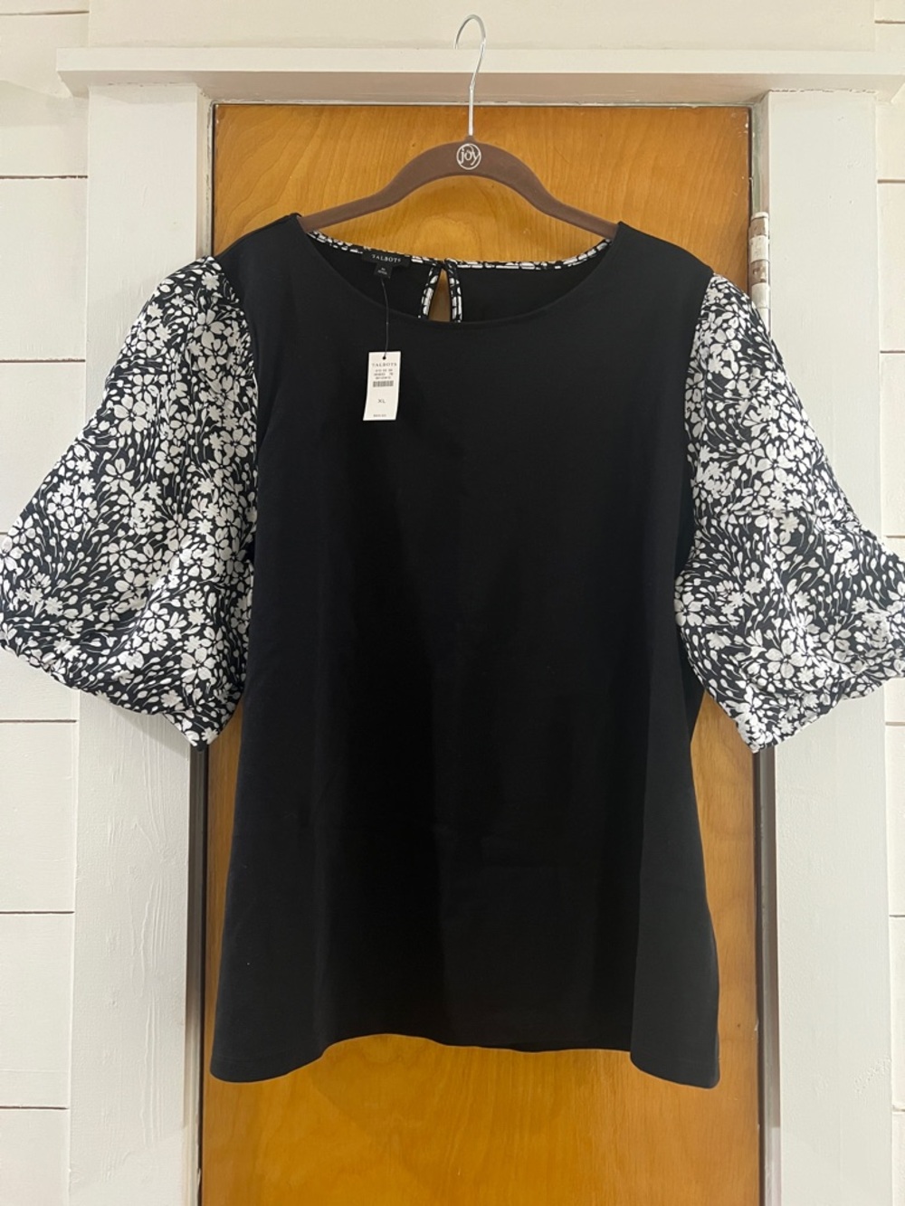 Talbots Black Top with Black-and-White Floral Puff Sleeves